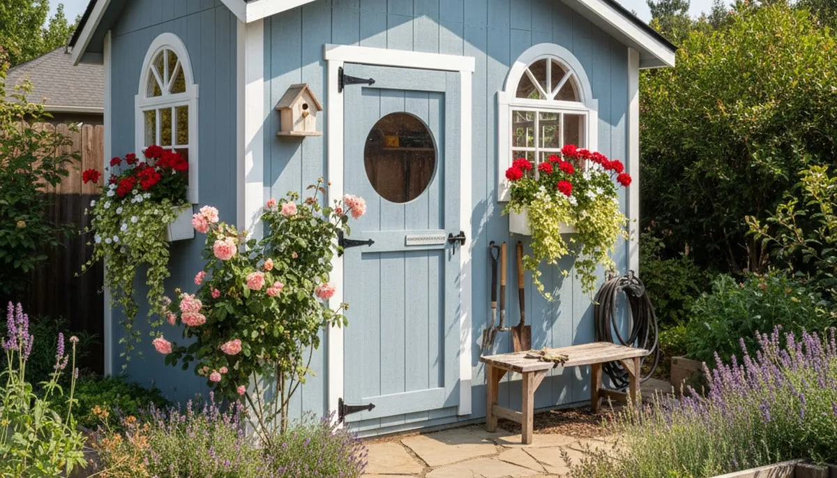 Decorative garden shed with custom landscaping design in Sacramento, CA by Chop Chop Landscaping