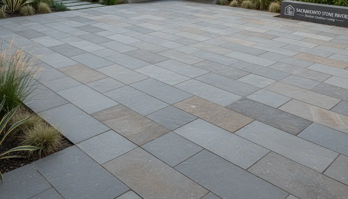 Contemporary large format stone slab patio installation by Chop Chop Landscaping in Sacramento, CA