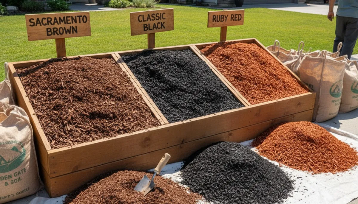 Brown, black, and red mulch variety for Sacramento, CA landscaping by Chop Chop Landscaping