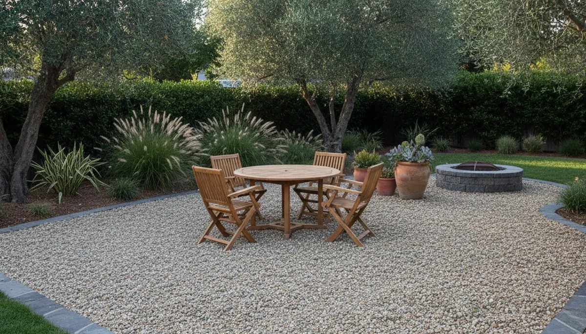 Professionally installed pea gravel patio with furniture in Sacramento, CA by Chop Chop Landscaping